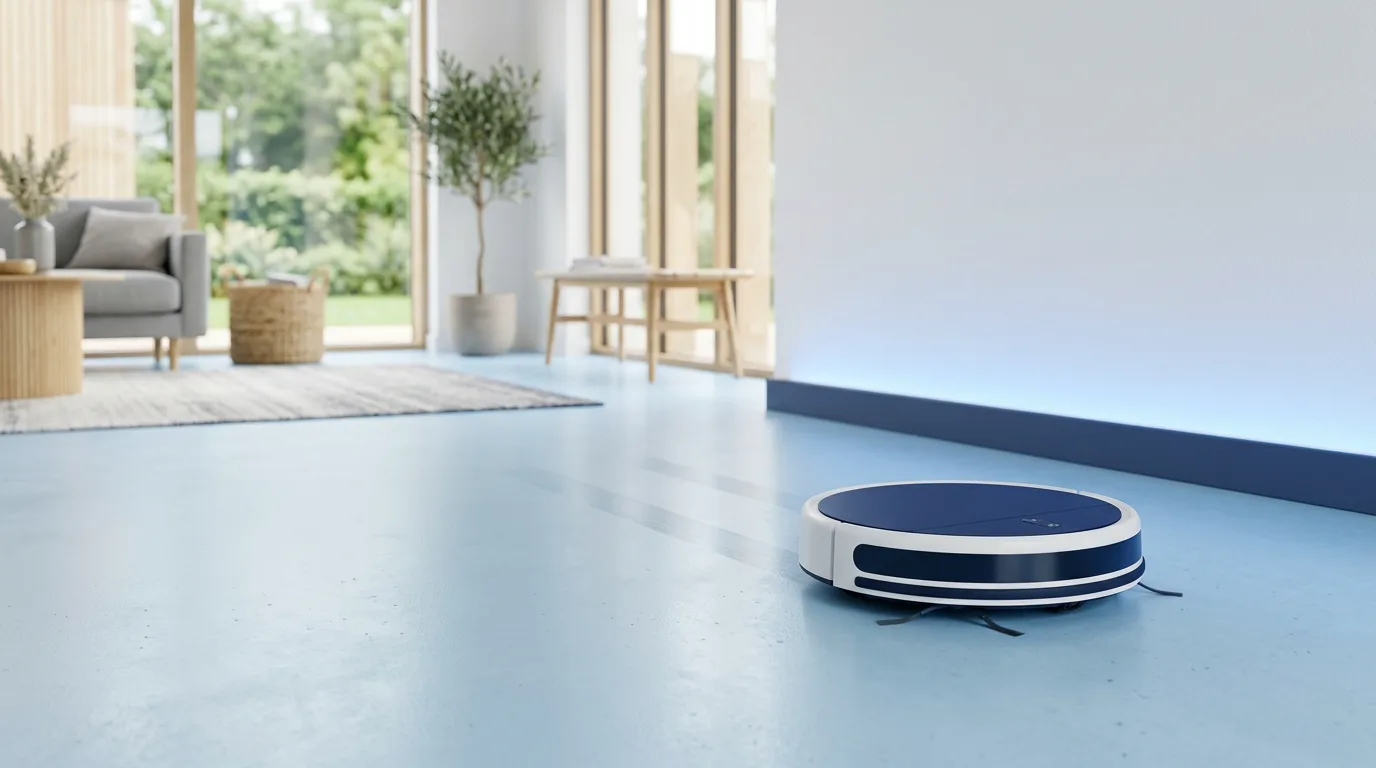 A sleek robot vacuum cleaner in a bright modern home